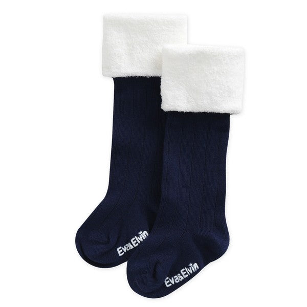 Fur Cuff Knee Socks (Grey/Ivory/Navy) - Go PJ Party