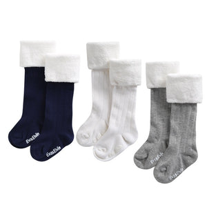 Fur Cuff Knee Socks (Grey/Ivory/Navy) - Go PJ Party