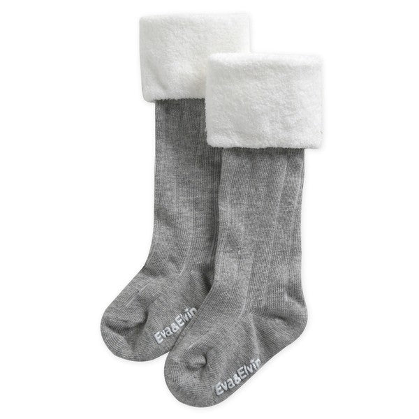 Fur Cuff Knee Socks (Grey/Ivory/Navy) - Go PJ Party