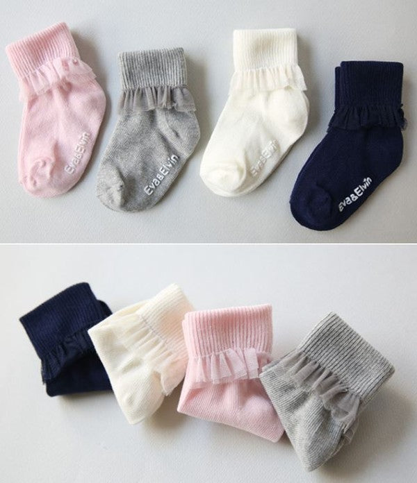 Chiffon frill Ankle Socks (Grey/Navy/White/Pink) - Go PJ Party