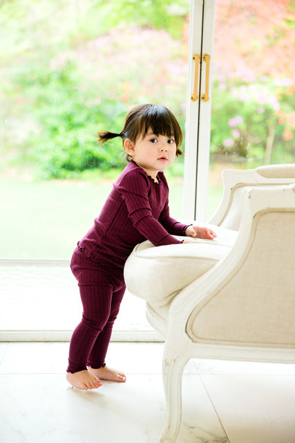 Shirring Wine Long Sleeve Pajama - Go PJ Party