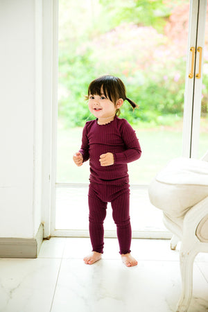 Shirring Wine Long Sleeve Pajama - Go PJ Party