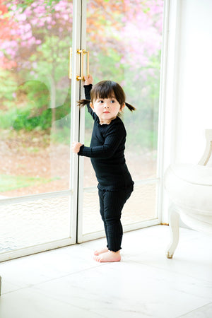 Shirring Black Long Sleeve Pajama - Go PJ Party