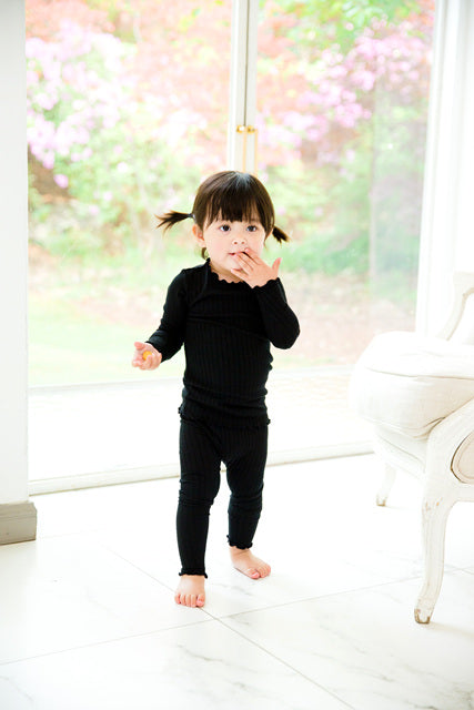 Shirring Black Long Sleeve Pajama - Go PJ Party