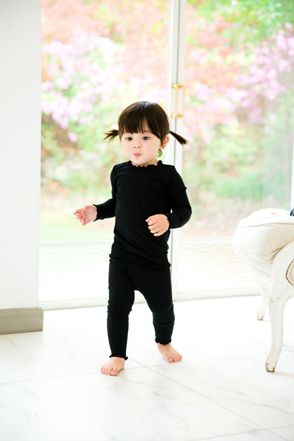 Shirring Black Long Sleeve Pajama - Go PJ Party