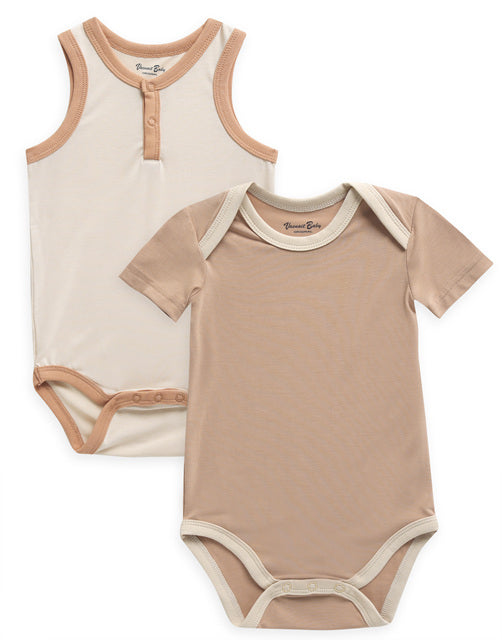 Sand Brown Jelly Bamboo Baby Bodysuit 2 Pack Set (Short & Sleeveless)