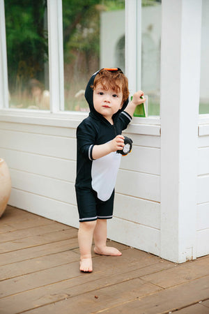 Baby Penguin Black Hoodie Baby 3/4 Sleeve Swimsuit - Go PJ Party