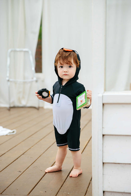 Baby Penguin Black Hoodie Baby 3/4 Sleeve Swimsuit - Go PJ Party