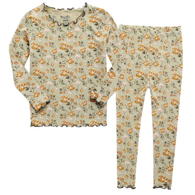 Shirring Khaki Flower Modal Long Sleeve Pajama