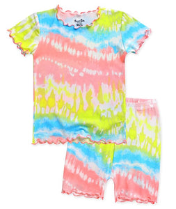 Tie Dye Lime Blue Shirring Short Sleeve Pajamas