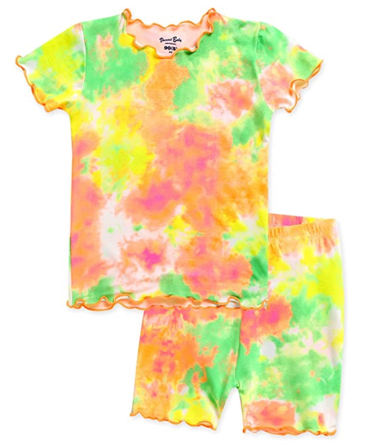 Tie Dye Neon Orange Green Shirring Short Sleeve Pajamas