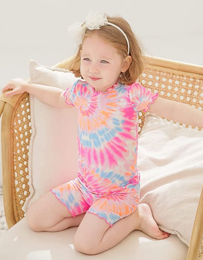 Tie Dye Orange Pink Shirring Short Sleeve Pajamas