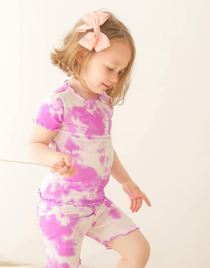 Tie Dye Purple Cream Shirring Short Sleeve Pajamas