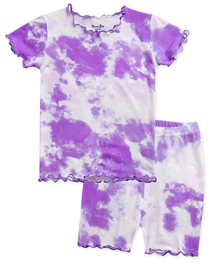 Tie Dye Purple Cream Shirring Short Sleeve Pajamas